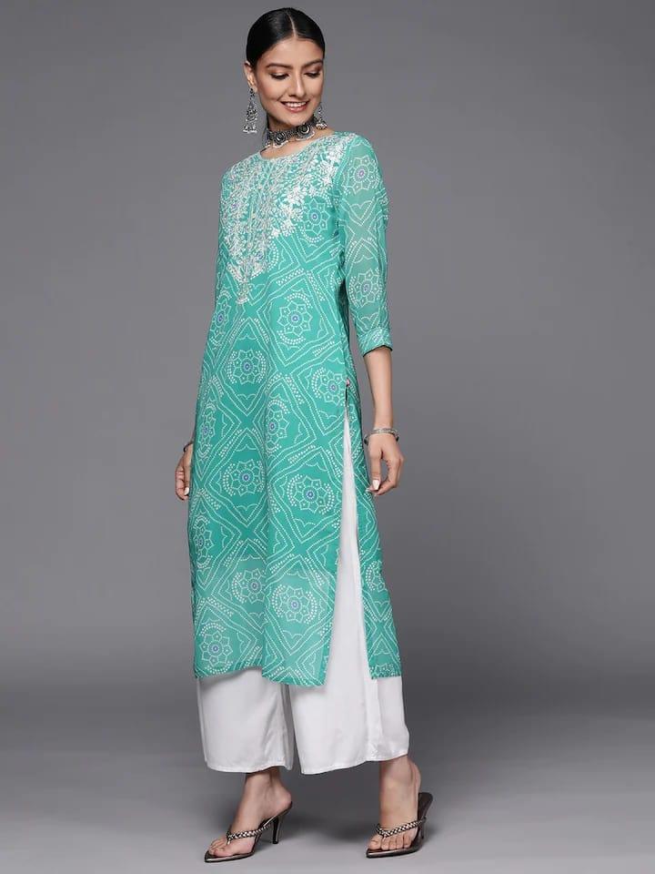 Varanga Women Sea Green & White Bandhani Printed Georgette Kurta - Indiakreations