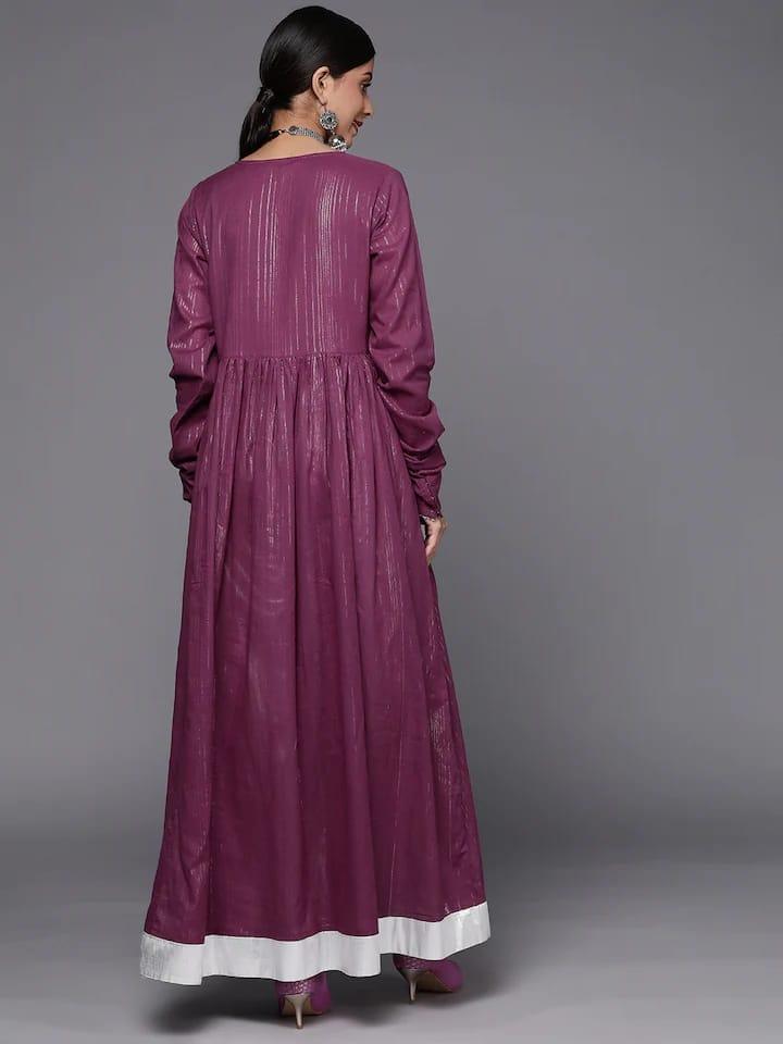 Varanga Women Purple & Silver-Colured Striped Embroidered Detail Anarkali Kurta - Indiakreations