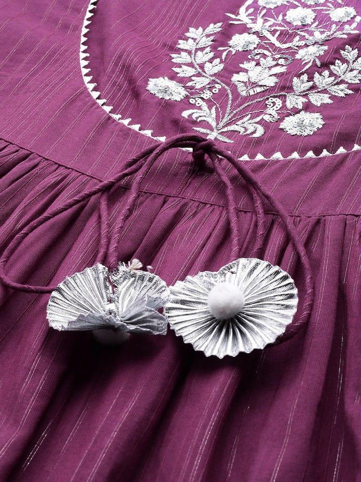 Varanga Women Purple & Silver-Colured Striped Embroidered Detail Anarkali Kurta - Indiakreations