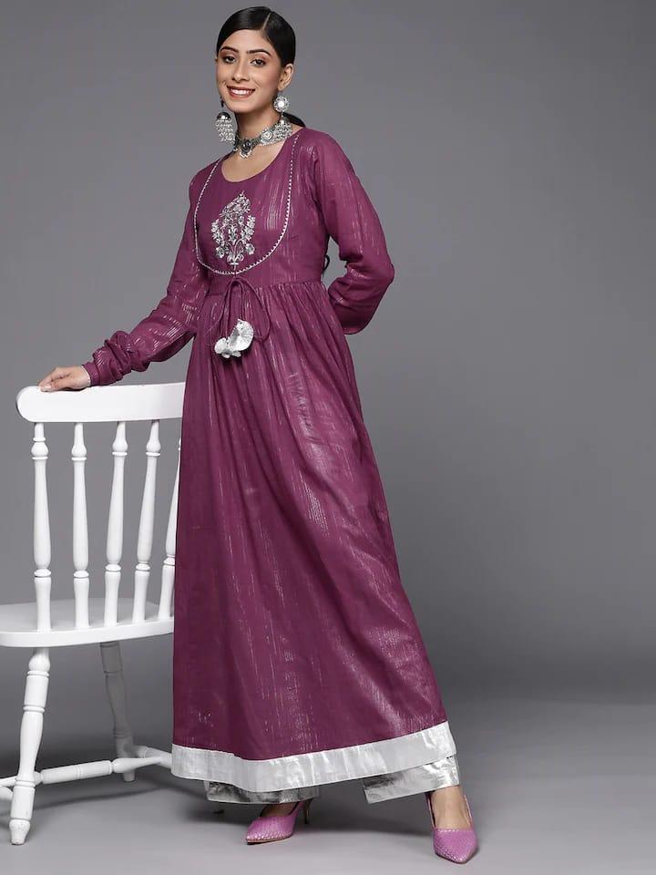 Varanga Women Purple & Silver-Colured Striped Embroidered Detail Anarkali Kurta - Indiakreations