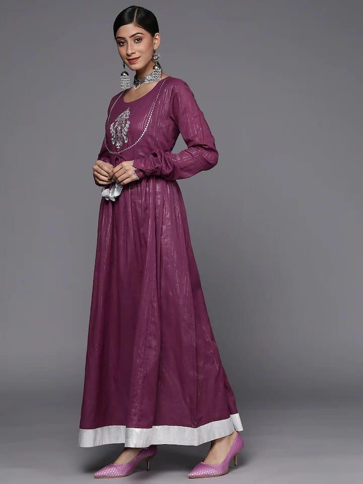 Varanga Women Purple & Silver-Colured Striped Embroidered Detail Anarkali Kurta - Indiakreations