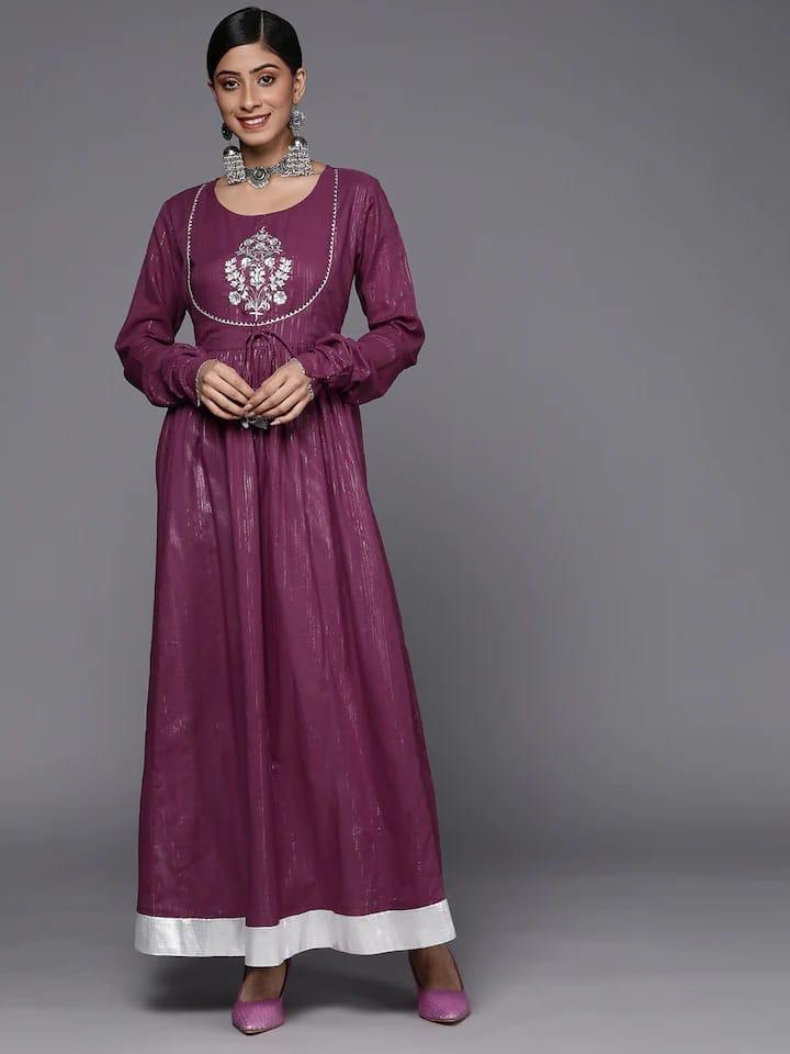 Varanga Women Purple & Silver-Colured Striped Embroidered Detail Anarkali Kurta - Indiakreations