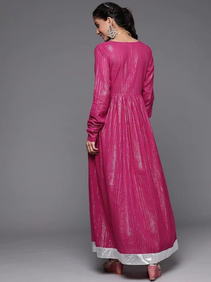 Varanga Women Fuchsia & Silver-Toned Ethnic Motifs Embroidered Pure Cotton Anarkali Kurta - Indiakreations