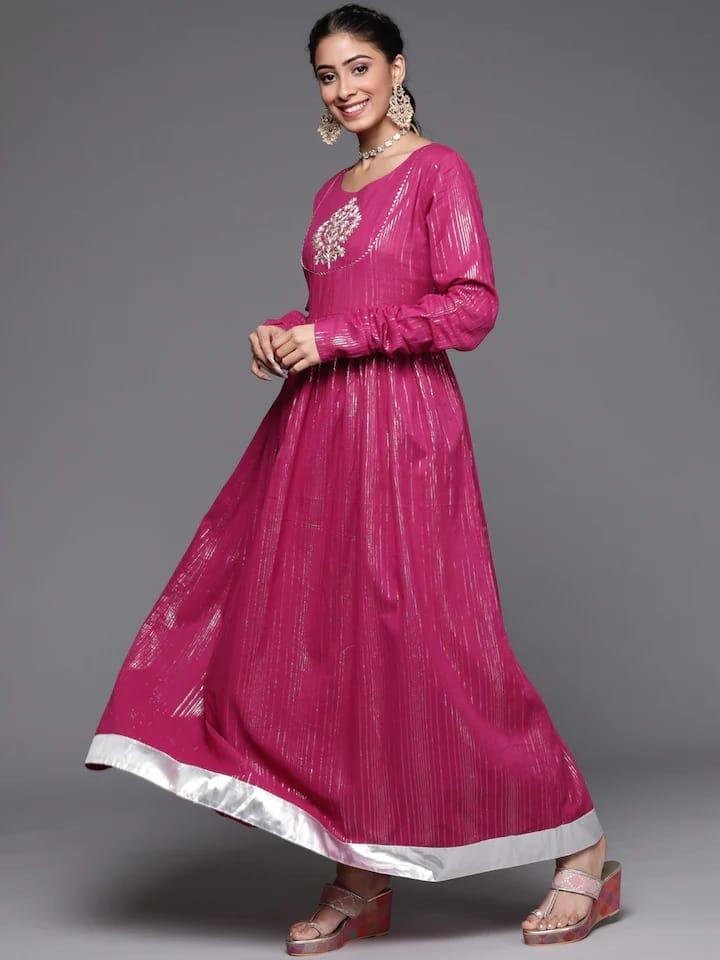 Varanga Women Fuchsia & Silver-Toned Ethnic Motifs Embroidered Pure Cotton Anarkali Kurta - Indiakreations