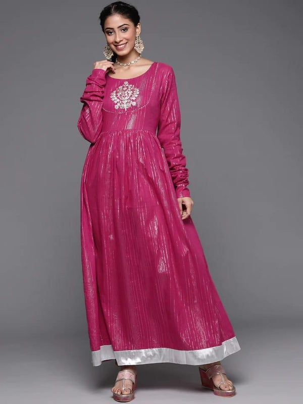 Varanga Women Fuchsia & Silver-Toned Ethnic Motifs Embroidered Pure Cotton Anarkali Kurta - Indiakreations