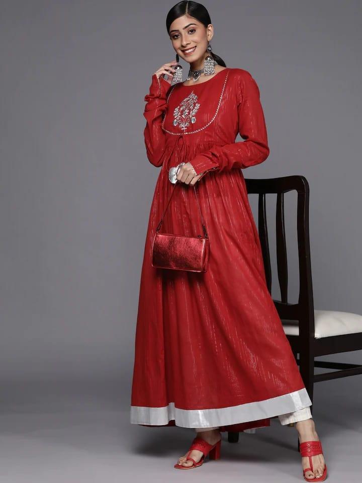 Varanga Women Red & Silver-Coloured Striped Embroidered Detail Anarkali Kurta - Indiakreations