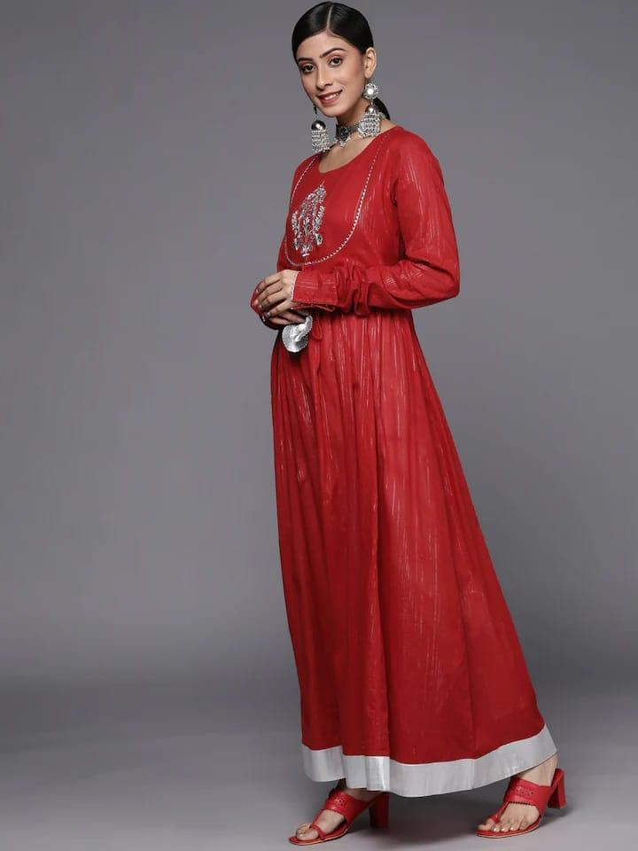 Varanga Women Red & Silver-Coloured Striped Embroidered Detail Anarkali Kurta - Indiakreations