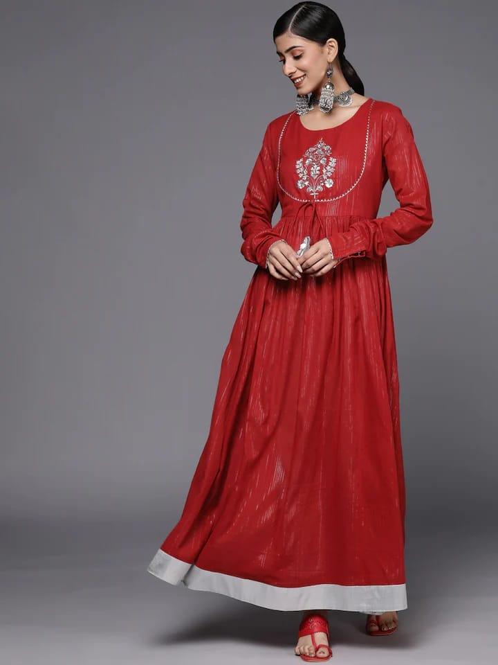 Varanga Women Red & Silver-Coloured Striped Embroidered Detail Anarkali Kurta - Indiakreations