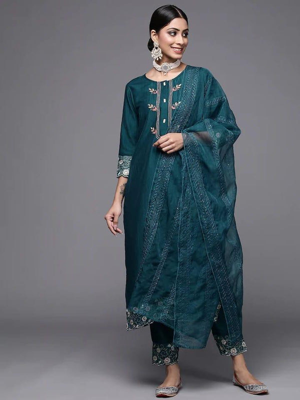 Varanga Women Teal Green Ethnic Motifs Yoke Design Kurta with Trousers & Dupatta - Indiakreations