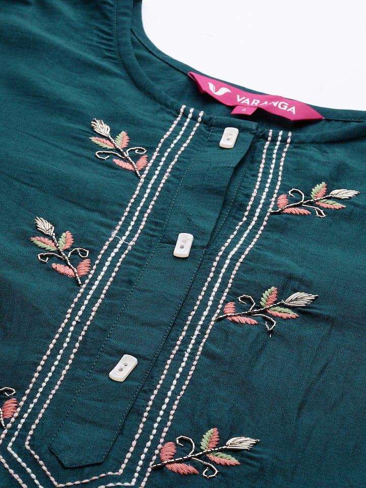 Varanga Women Teal Green Ethnic Motifs Yoke Design Kurta with Trousers & Dupatta - Indiakreations