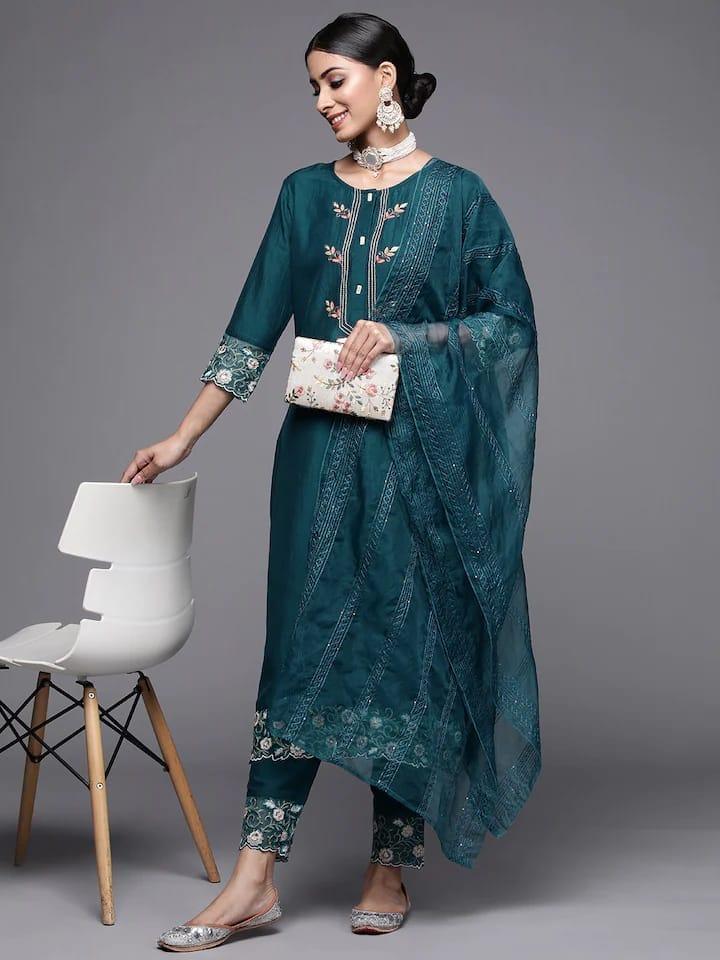 Varanga Women Teal Green Ethnic Motifs Yoke Design Kurta with Trousers & Dupatta - Indiakreations