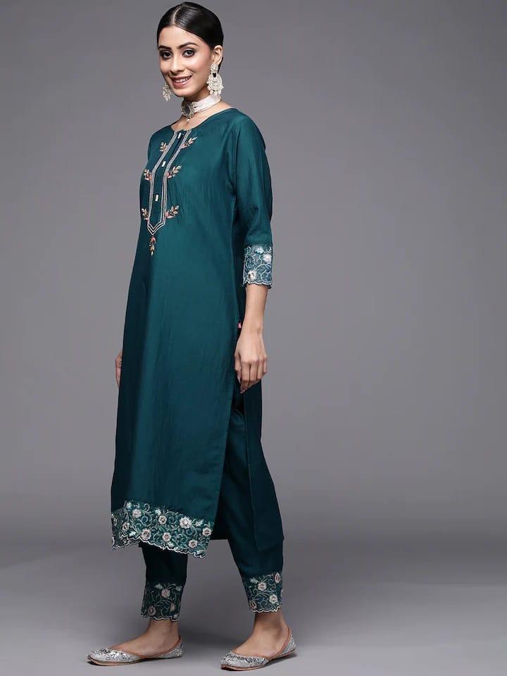 Varanga Women Teal Green Ethnic Motifs Yoke Design Kurta with Trousers & Dupatta - Indiakreations