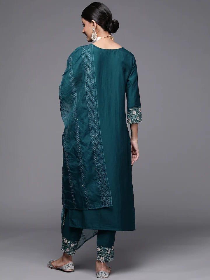 Varanga Women Teal Green Ethnic Motifs Yoke Design Kurta with Trousers & Dupatta - Indiakreations