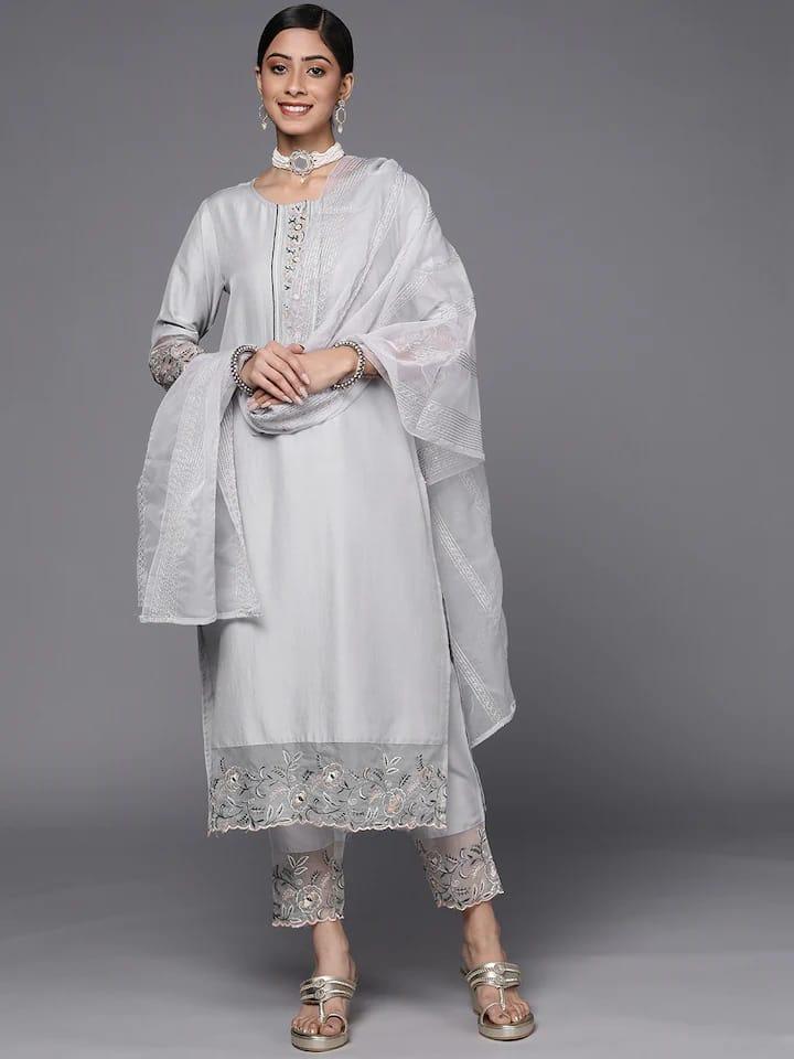 Varanga Women Grey Floral Embroidered Thread Work Kurta with Trousers & With Dupatta - Indiakreations