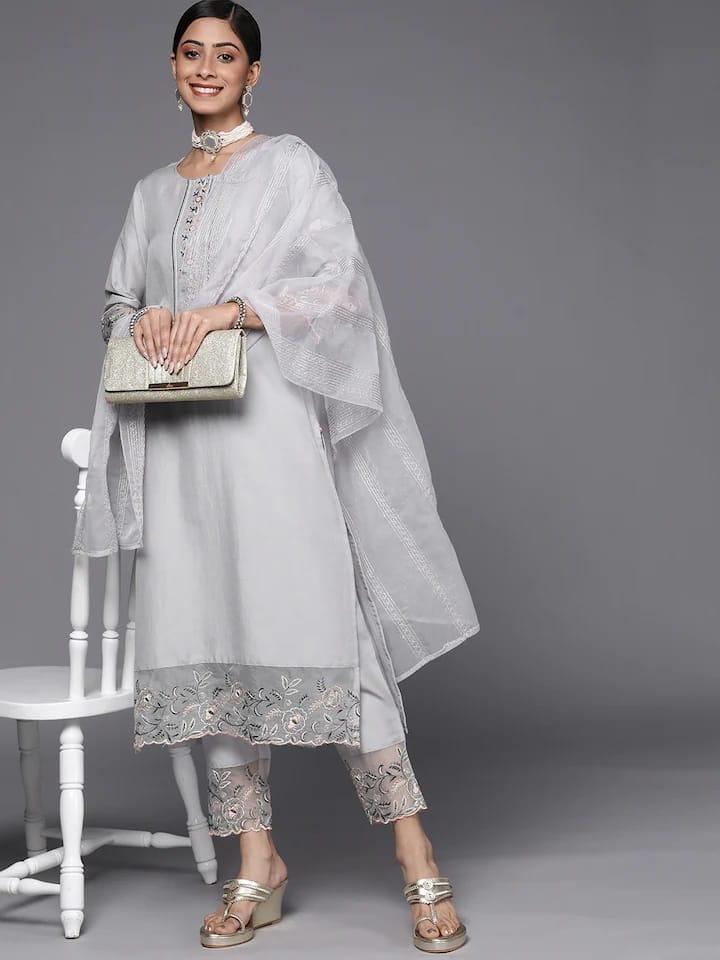 Varanga Women Grey Floral Embroidered Thread Work Kurta with Trousers & With Dupatta - Indiakreations