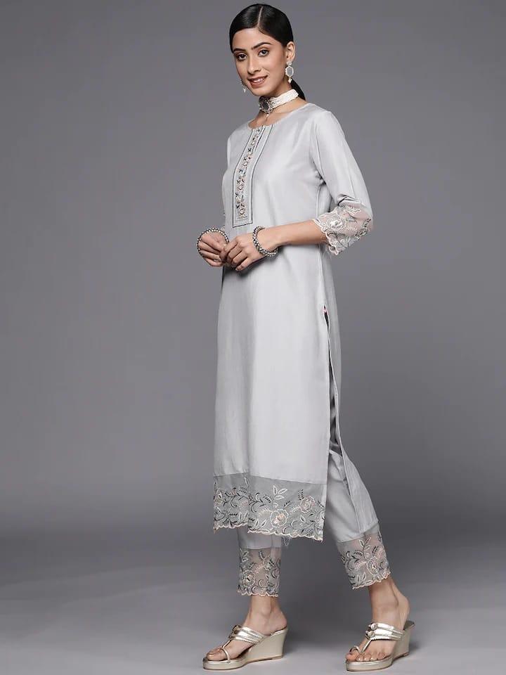 Varanga Women Grey Floral Embroidered Thread Work Kurta with Trousers & With Dupatta - Indiakreations