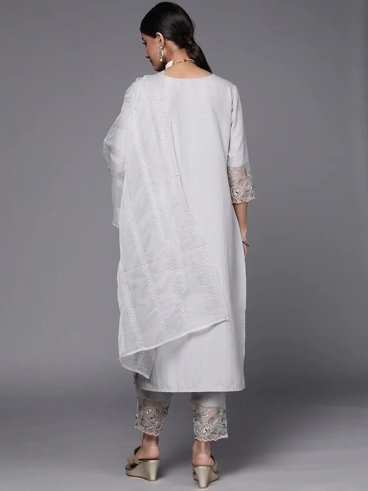 Varanga Women Grey Floral Embroidered Thread Work Kurta with Trousers & With Dupatta - Indiakreations