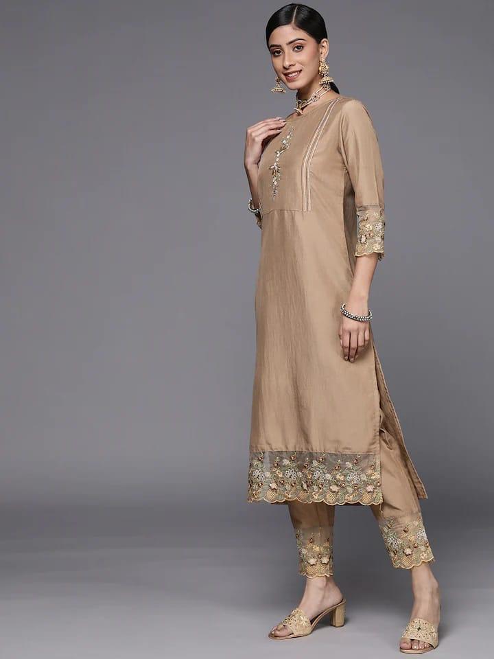 Varanga Women Taupe Floral Embroidered Thread Work Kurta with Trousers & With Dupatta - Indiakreations