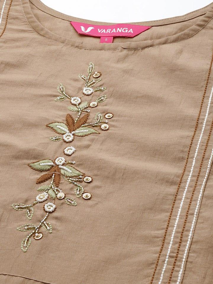 Varanga Women Taupe Floral Embroidered Thread Work Kurta with Trousers & With Dupatta - Indiakreations