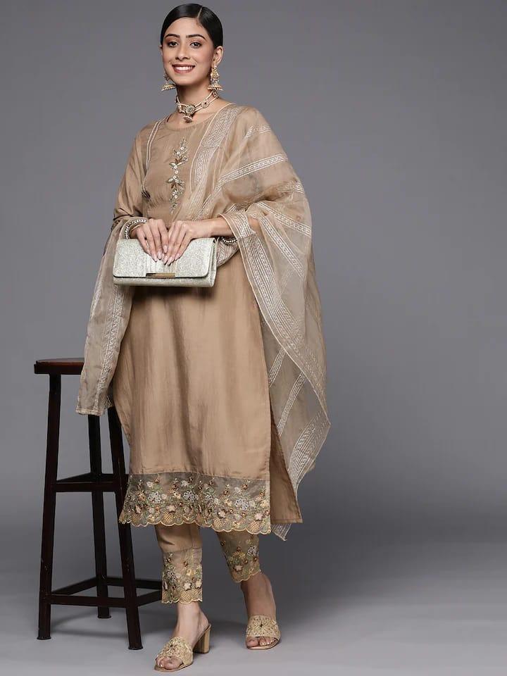 Varanga Women Taupe Floral Embroidered Thread Work Kurta with Trousers & With Dupatta - Indiakreations