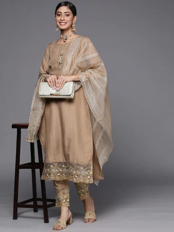 Varanga Women Taupe Floral Embroidered Thread Work Kurta with Trousers & With Dupatta - Indiakreations