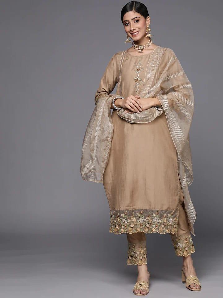 Varanga Women Taupe Floral Embroidered Thread Work Kurta with Trousers & With Dupatta - Indiakreations