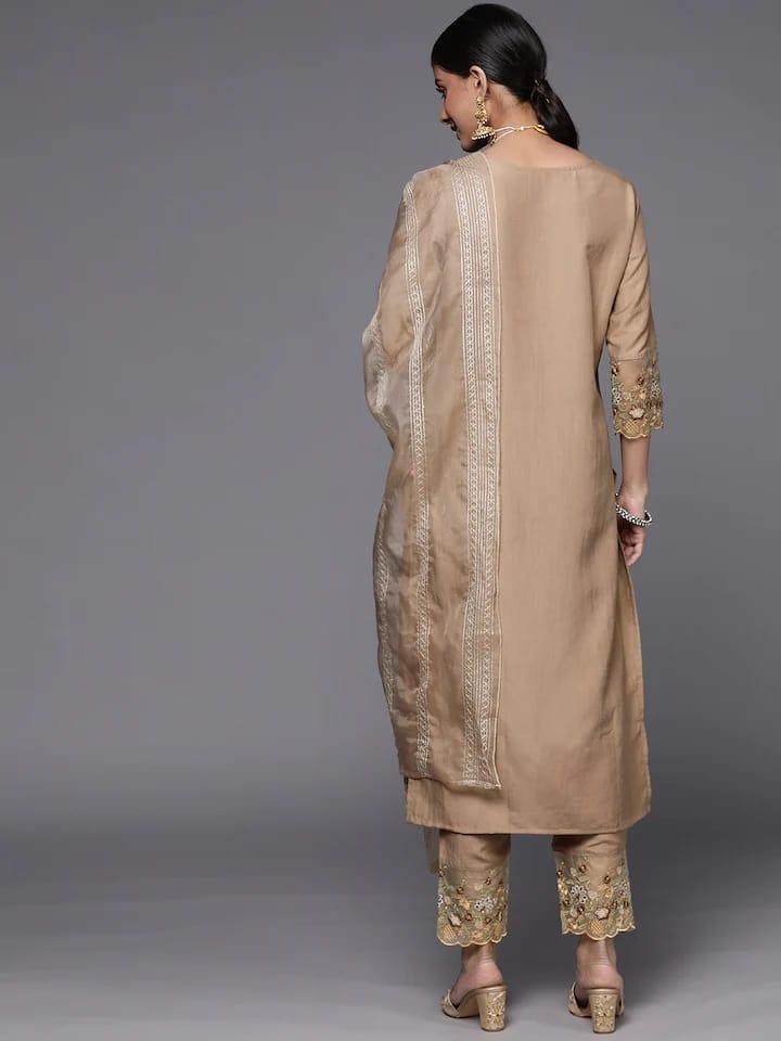 Varanga Women Taupe Floral Embroidered Thread Work Kurta with Trousers & With Dupatta - Indiakreations