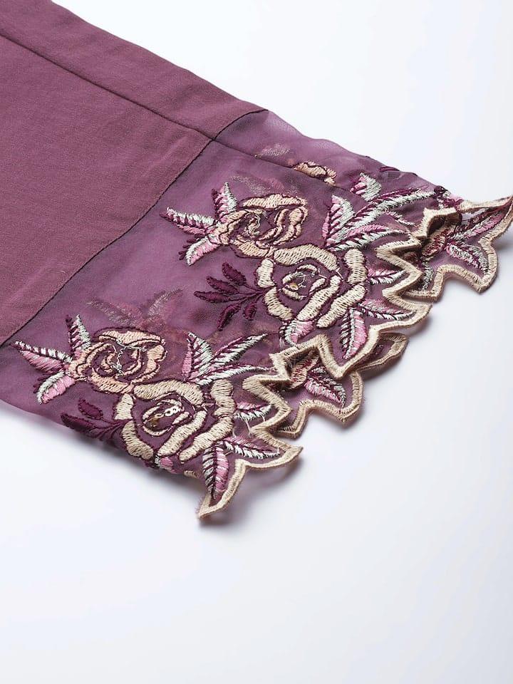 Varanga Women Mauve Floral Embroidered Sequinned Kurta with Trousers & With Dupatta - Indiakreations