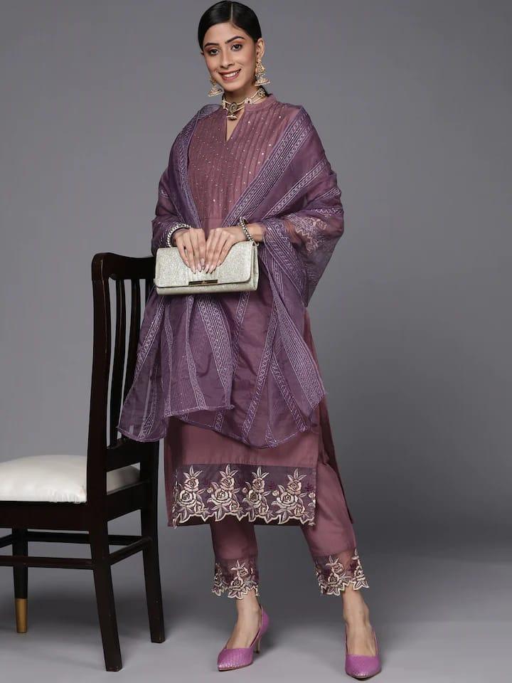 Varanga Women Mauve Floral Embroidered Sequinned Kurta with Trousers & With Dupatta - Indiakreations