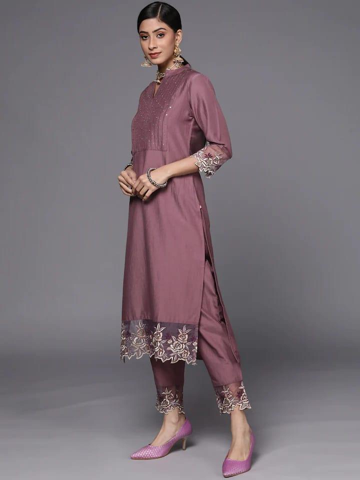 Varanga Women Mauve Floral Embroidered Sequinned Kurta with Trousers & With Dupatta - Indiakreations