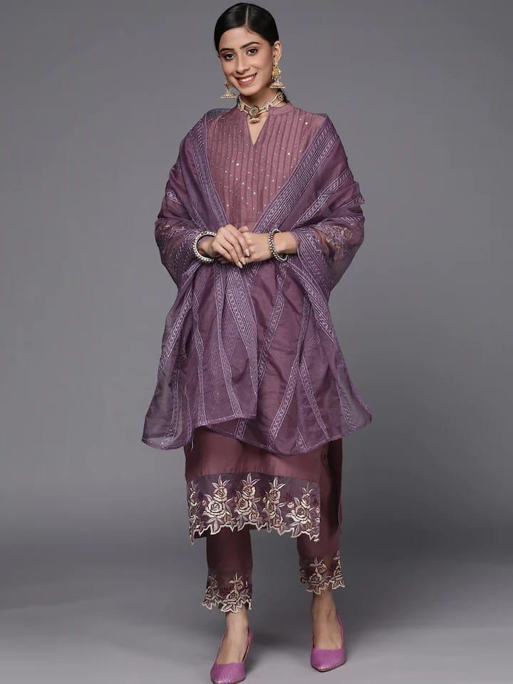 Varanga Women Mauve Floral Embroidered Sequinned Kurta with Trousers & With Dupatta - Indiakreations