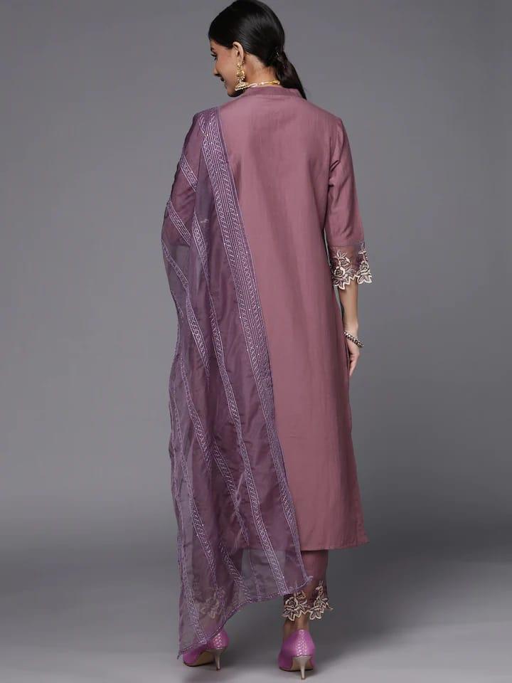 Varanga Women Mauve Floral Embroidered Sequinned Kurta with Trousers & With Dupatta - Indiakreations