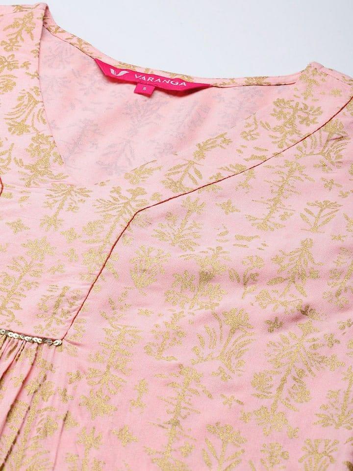 Varanga Women Peach-Coloured & Gold-Toned Floral Printed Floral Kurta - Indiakreations