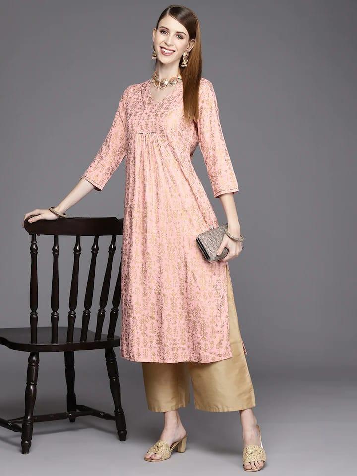 Varanga Women Peach-Coloured & Gold-Toned Floral Printed Floral Kurta - Indiakreations