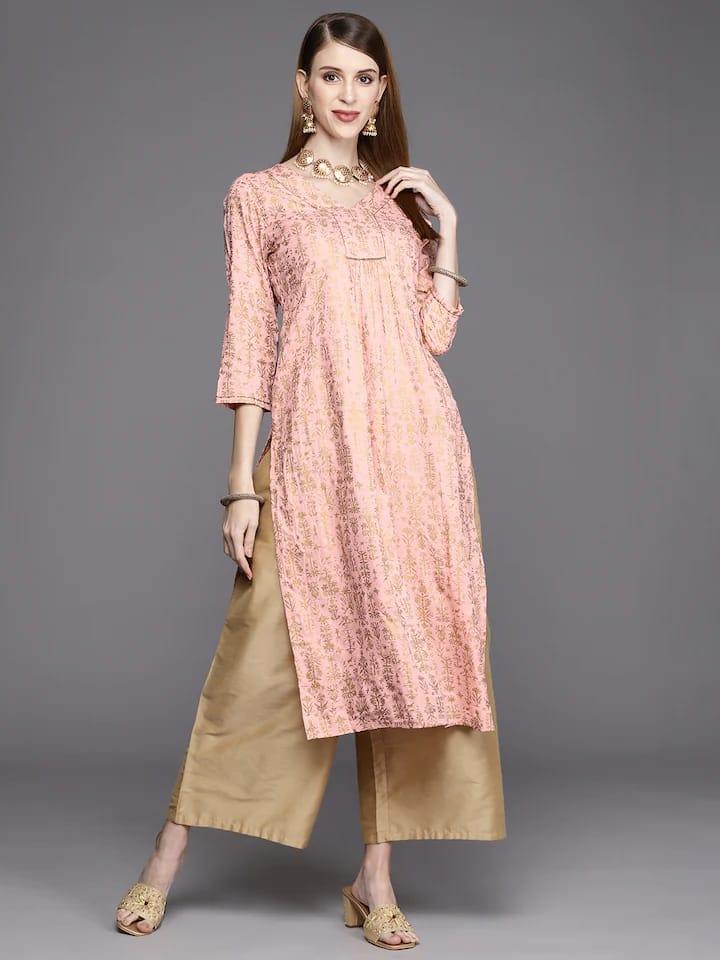 Varanga Women Peach-Coloured & Gold-Toned Floral Printed Floral Kurta - Indiakreations