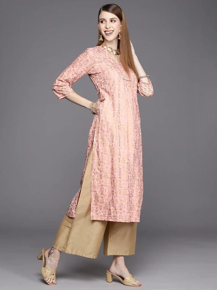 Varanga Women Peach-Coloured & Gold-Toned Floral Printed Floral Kurta - Indiakreations