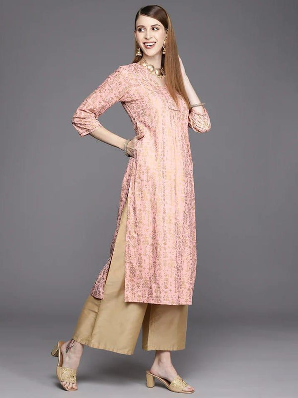 Varanga Women Peach-Coloured & Gold-Toned Floral Printed Floral Kurta - Indiakreations