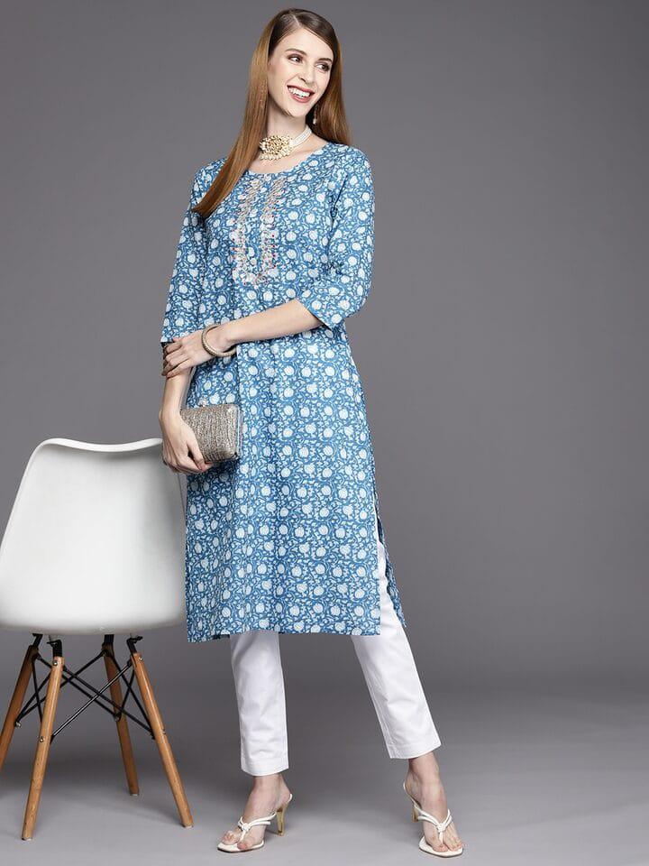 Varanga Women Blue & White Floral Printed Gotta Patti Floral Kurta - Indiakreations