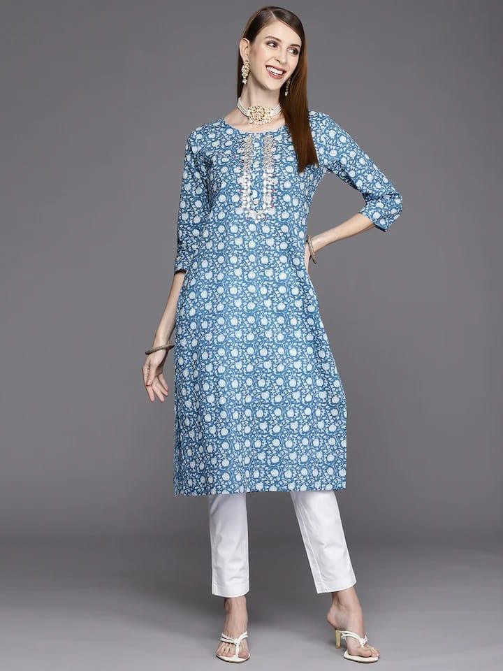 Varanga Women Blue & White Floral Printed Gotta Patti Floral Kurta - Indiakreations