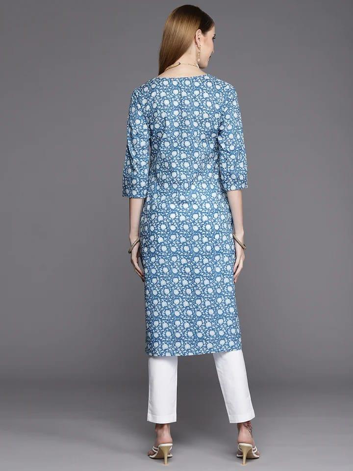 Varanga Women Blue & White Floral Printed Gotta Patti Floral Kurta - Indiakreations