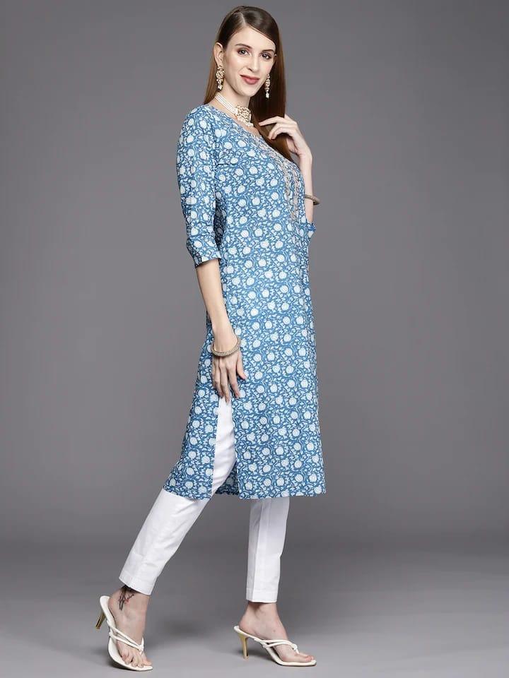 Varanga Women Blue & White Floral Printed Gotta Patti Floral Kurta - Indiakreations