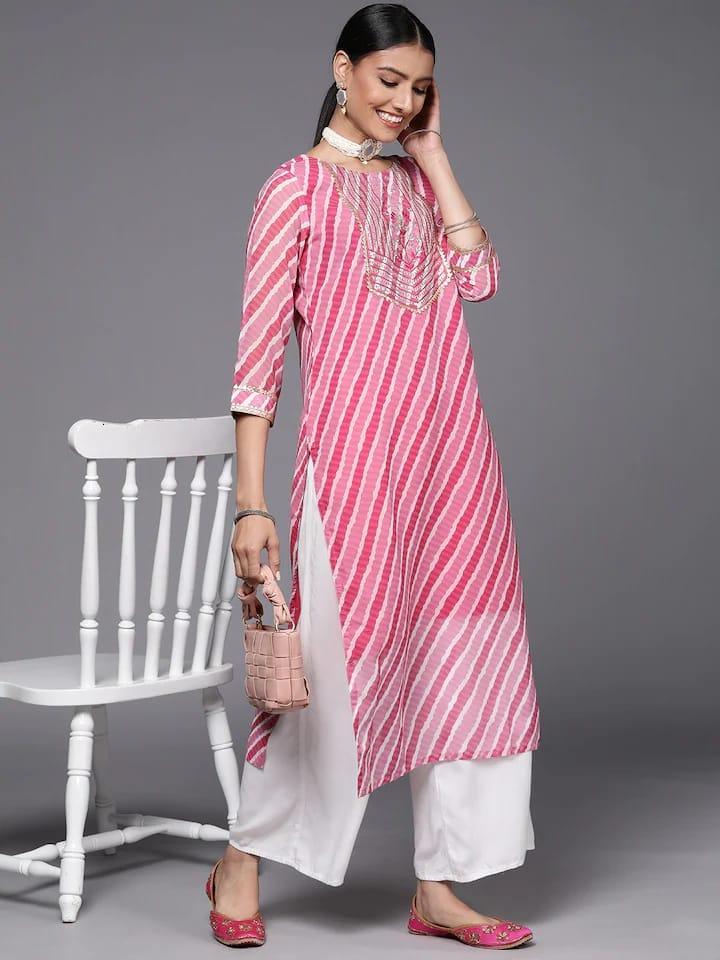 Varanga Women Pink & White Leheriya Striped Embroidered Detail Georgette Kurta - Indiakreations