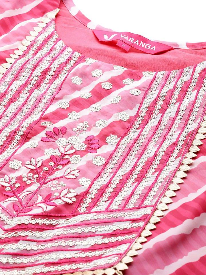 Varanga Women Pink & White Leheriya Striped Embroidered Detail Georgette Kurta - Indiakreations