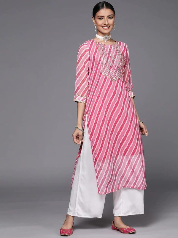 Varanga Women Pink & White Leheriya Striped Embroidered Detail Georgette Kurta - Indiakreations