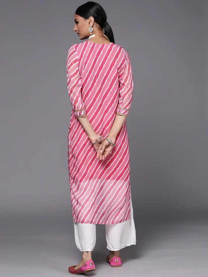 Varanga Women Pink & White Leheriya Striped Embroidered Detail Georgette Kurta - Indiakreations