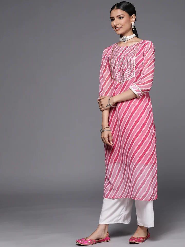 Varanga Women Pink & White Leheriya Striped Embroidered Detail Georgette Kurta - Indiakreations