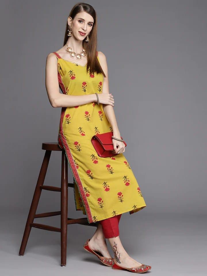 Varanga Women Yellow & Pink Floral Printed Floral Kurta - Indiakreations