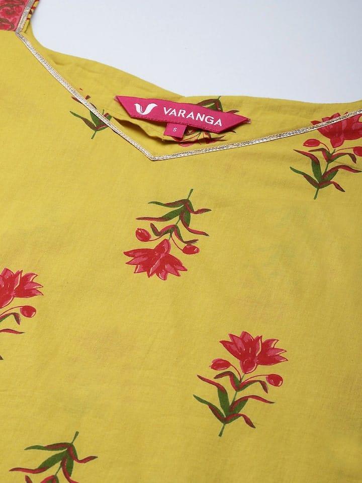 Varanga Women Yellow & Pink Floral Printed Floral Kurta - Indiakreations