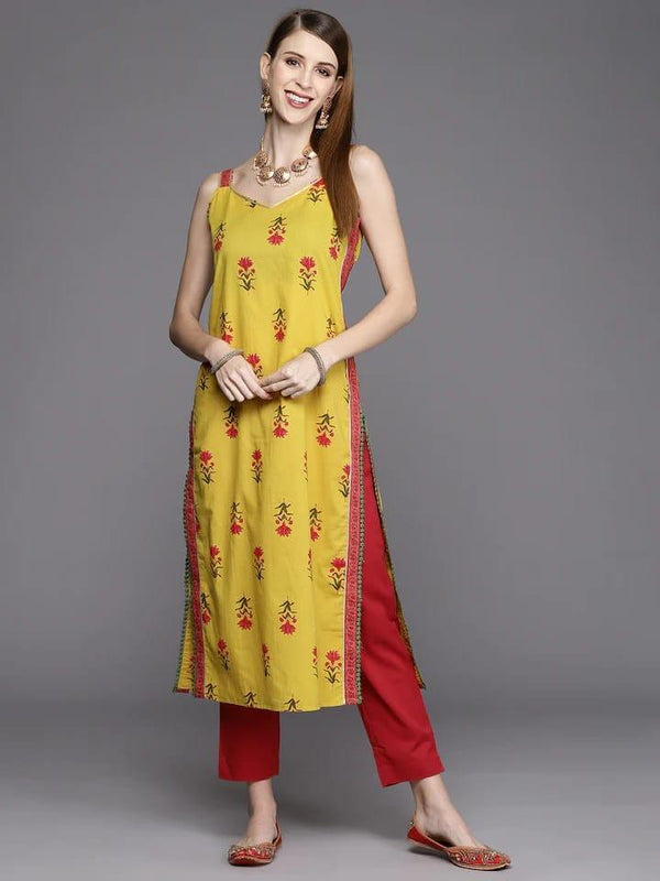 Varanga Women Yellow & Pink Floral Printed Floral Kurta - Indiakreations