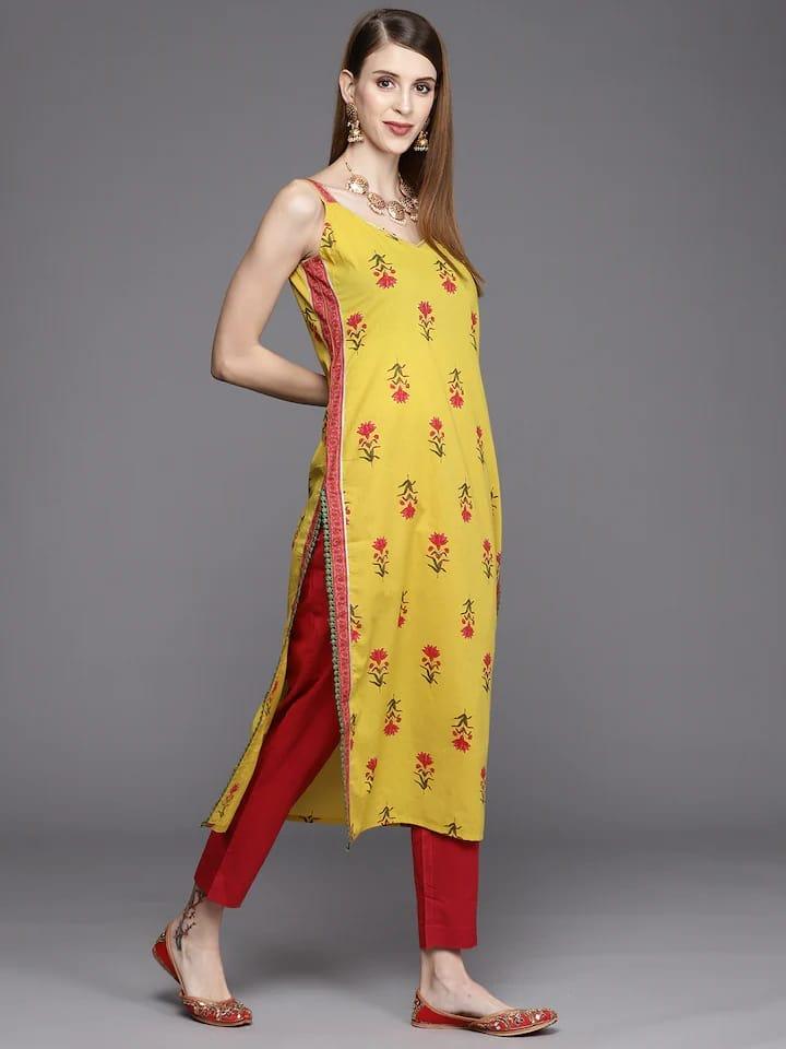 Varanga Women Yellow & Pink Floral Printed Floral Kurta - Indiakreations